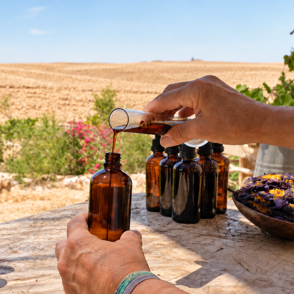 מזיגת תמצית צמחים לבקבוק זכוכית חום לצד בקבוקי תמציות וצמחים במרפאיה